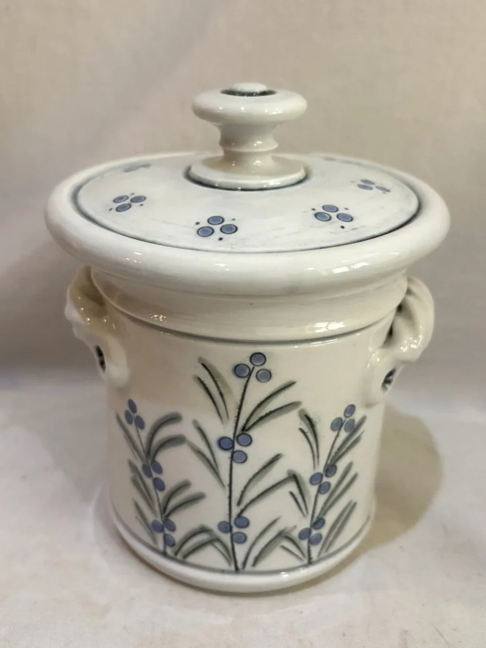 Hand Crafted Pottery Lidded Jam Condiment Jar Hand Painted Blue Berry Stamped
